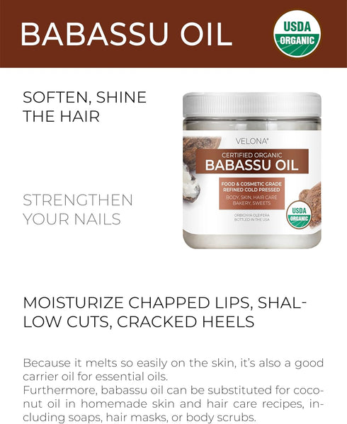 velona Babassu Oil, USDA Certified Organic - 4 Fl Oz, 100% Pure Carrier Oil for Face, Hair, Body & Skin Care