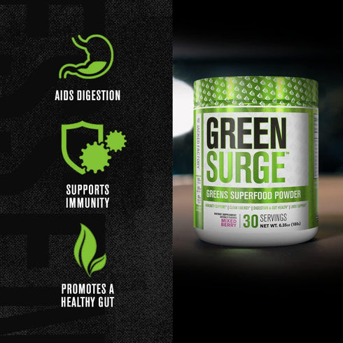 Jacked Factory Green Surge Superfood Powder - Keto Friendly Greens Drink w/Spirulina, Organic Greens, Mixed Berry, 10.6