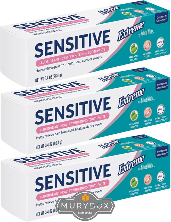Natural White Extreme Sensitive Fluoride Anti-Cavity Whitening Toothpaste, 3.4 oz, Sensitive Teeth Relief (Pack of 3) +