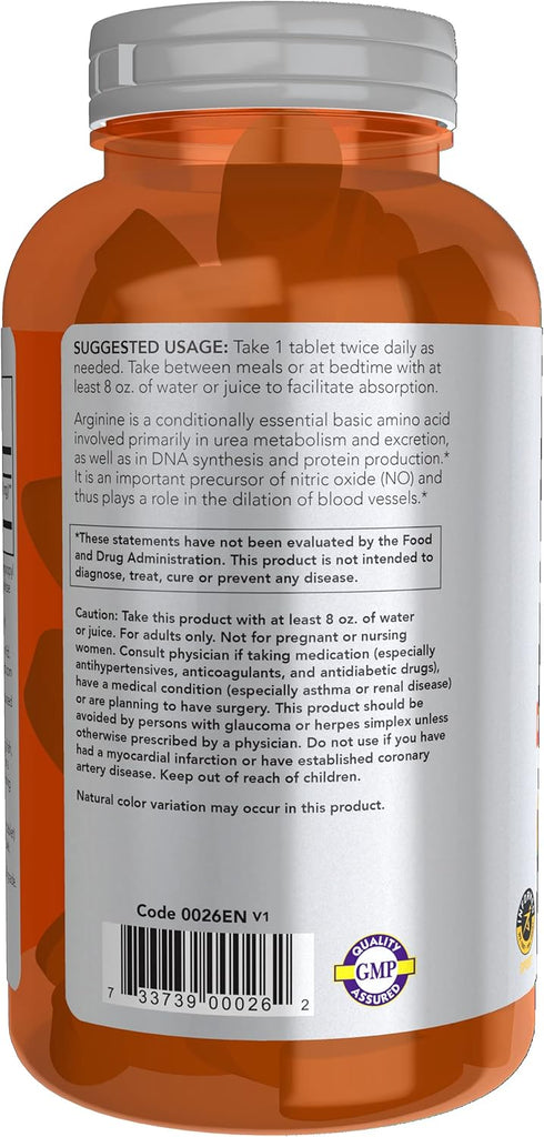 NOW Foods L-Arginine Double Strength 1000mg, Nitric Oxide Precursor, Amino Acids, 180 Tablets