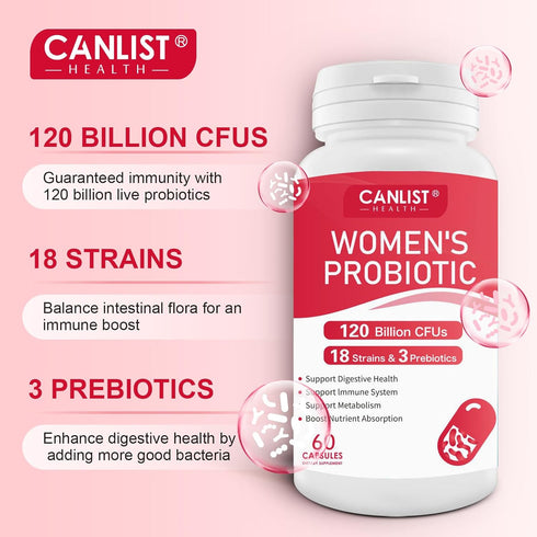 Women's Probiotics120 Billion CFUs 18 Strains 3 Prebiotics & Digestive Enzymes Contains Organic Prebiotic Cranberry Women's Health Digestive & Immune Support Non-GMO Soy Gluten Dairy Free