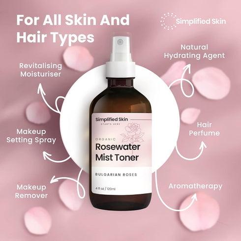 Simplified Skin Rose Water Spray - 100% Natural Organic Face Toner & Makeup Remover, Hydrating Beauty Mist, 4 oz, 2 Pack