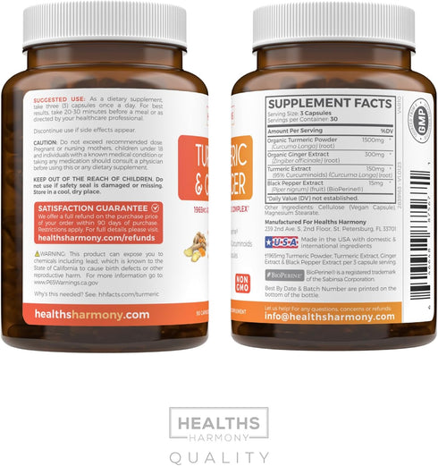 Turmeric and Ginger Supplement (Non-GMO), 90 Capsules - 1980mg Serving, Joint Support with Black Pepper