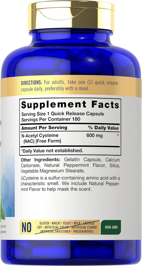 Carlyle NAC N-Acetyl Cysteine 600mg | 180 Capsules | with Peppermint | Free Form Supplement | Non-GMO, Gluten Free