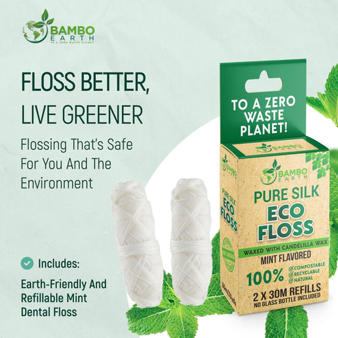 Biodegradable Mint Dental Tooth Lace Floss, 2X Refillable Flossers, 100% Organic Natural Teeth Silk Spool