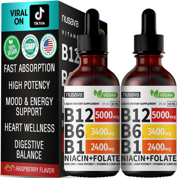 (2 Pack) Vitamin B12 Liquid Drops, Vegan B12 Sublingual 5000 mcg with Vitamin B6, Supports Energy, Brain & Heart with