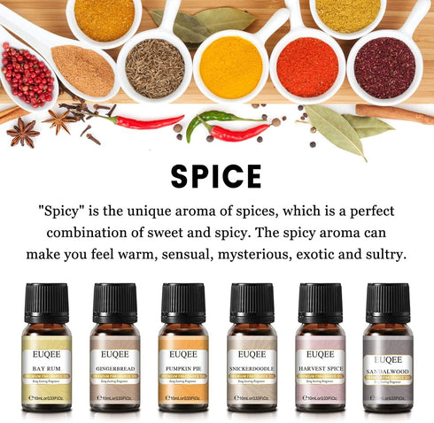 EUQEE 6pcs Premium Fragrance Oils Spice Gift Set - Sandalwood, Harvest Spice, Gingerbread, Pumpkin Pie, 10 ML