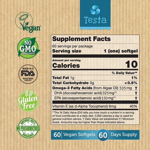 Testa Omega-3 Supplement, Vegan DHA EPA Capsules from Algae, Supports Heart, Brain & Joint Health, 2 Months Supply