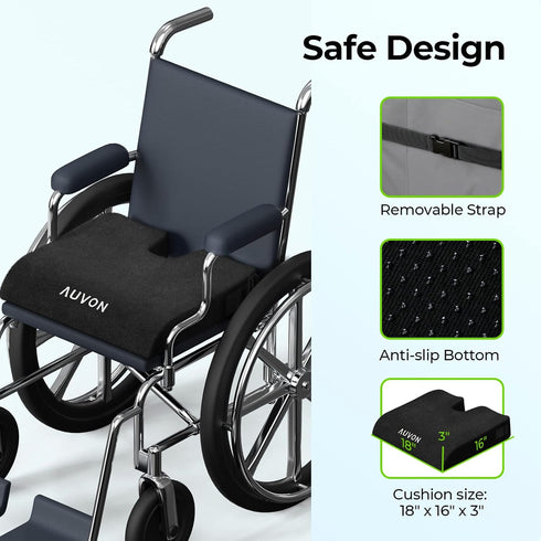 AUVON Wheelchair Seat Cushions (18"x16"x3") for Sciatica, Back, Coccyx Pain Relief, Memory Foam with Removable Strap