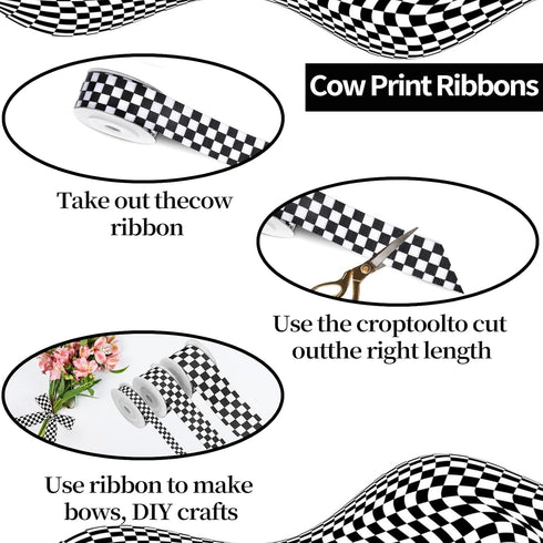 3 Rolls Checkered Printed Ribbon, 0.4, 0.87, 1.5 Inch Wide, 15 Yard Car Theme for DIY Crafts, Wreath Racing Party