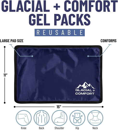 Reusable Gel Ice Pack for Injuries - Cold Pads (15" x 11") for Back Pain, Muscle Strains, Migraine & Recovery