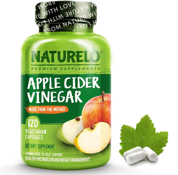 NATURELO Apple Cider Vinegar Capsules, Natural ACV with Mother Supplement for Detox and Weight Management, 120 Vegan