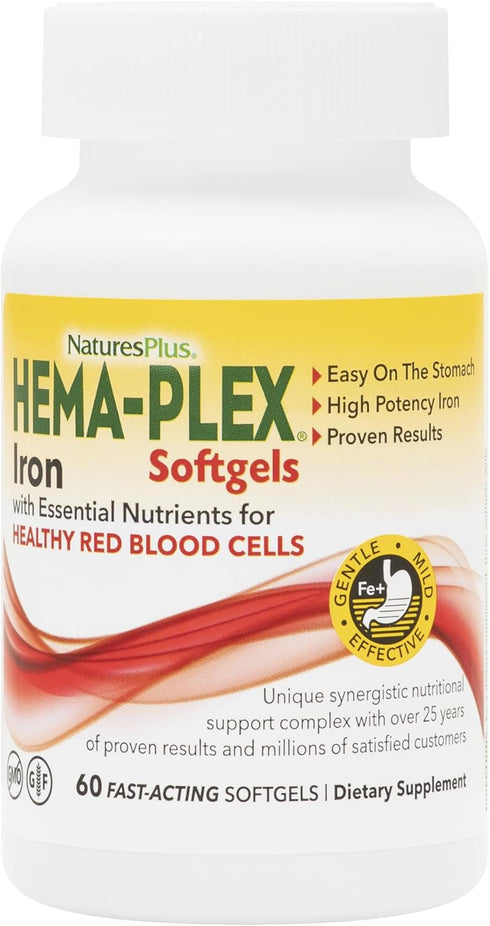 NaturesPlus Hema-Plex Iron, 60 Fast-Acting Softgels, 85 mg Iron + Vitamin C & Bioflavonoids, Vegan