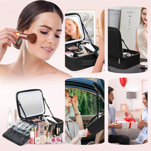 Travel Makeup Bag, Black Cosmetic Train Case with Lighted Mirror, Adjustable Brightness, Toiletry Storage Case for
