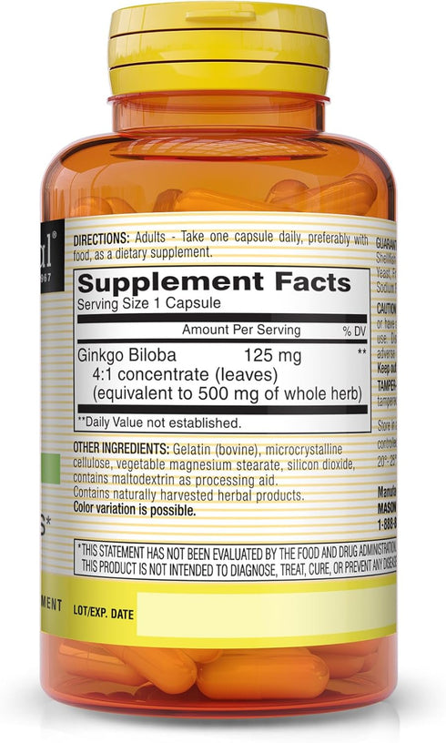 MASON NATURAL Ginkgo Biloba - Improve Mental Alertness, Supports Optimal Brain Function, Herbal Supplement, 60 Capsules (Pack of 3)