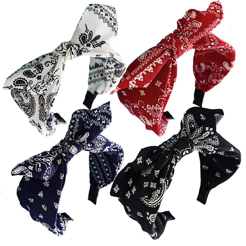 Paisley Print Wide Bow Headbands for Women, Cute Knot Hair Accessories (Style 1: Red, White, Navy, Black)