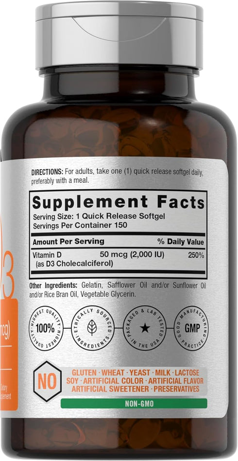 Horbaeach Vitamin D3 2000IU Softgels (50mcg) | 150 Count | Non-GMO, Gluten Fee Supplement
