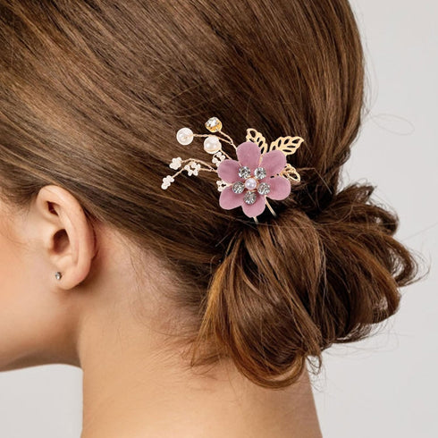NUOBESTY 4Pcs Handmade Wedding Hair Clip Comb, Pearl Floral Leaf Hair Accessories for Women (Purple)