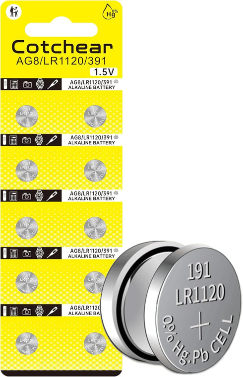 Cotchear 10 pcs AG8 Alkaline 1.5V Button Cell Battery for Watch Toys Remotes Cameras LR1120 LR57 SR55 LR55 CX191 G8