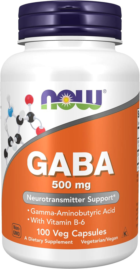 NOW Foods Supplements GABA 500 mg + B-6, Natural Neurotransmitter*, 100 Veg Capsules