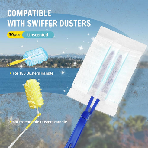 30 Count Duster Refills Compatible with Swiffer Dusters 180, Heavy Duty Multi-Surface Duster Replacement with Handle