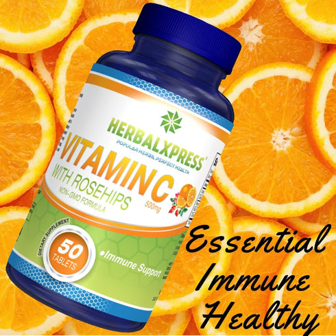 Herbalxpress Vitamin C 500mg with Rose Hips, Ascorbic Acid & Citrus Bioflavonoids 100 Tablets (2 Tubs) - The Powerful Duo:- A Complementary Approach to Boost Your Immune System.