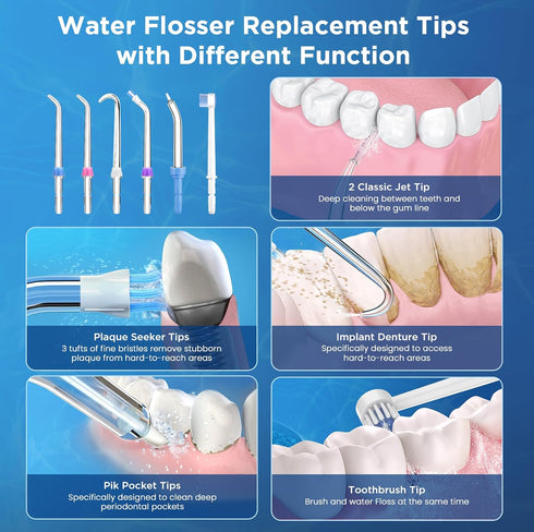 Replacement Tips for Waterpik, Water Flosser Replacement Heads with Storage Case (6 Tips Different)