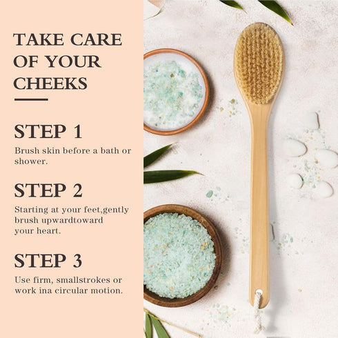 Bamboo Long Handle Back Scrubber Brush - Dry Body Scrubber for Skin, Blood Circulation, Cellulite Treatment