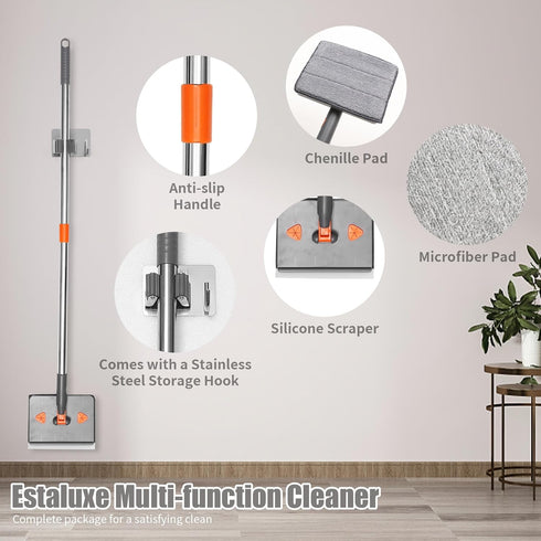85” Baseboard Cleaner Tool with Handle, 180° Rotating Wall Mop, 6 Reusable Pads, Multifunctional Scrapper, Extension