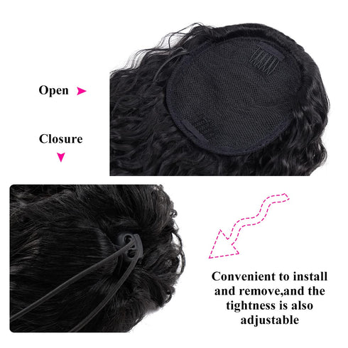 Long Curly Drawstring Ponytail - 30” Synthetic Clip In Extensions, Black Color for Women