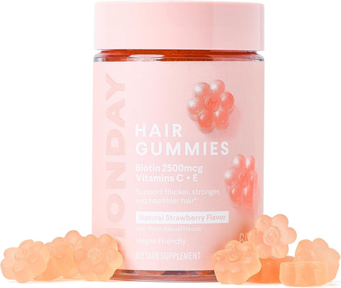 MONDAY HAIRCARE Hair Gummies for Thicker Hair - 60 Strawberry Flavored Gummies with Biotin, Vitamin C, E