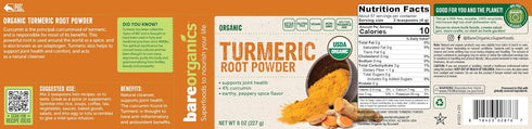 BareOrganics Turmeric Root Powder - 8 Oz Superfood Dietary Supplement for Anti-Inflammatory Support