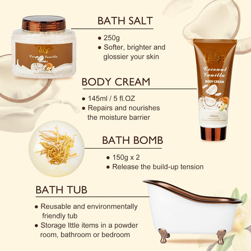 Spa Gift Tub Baskets Set for Women, Coconut Vanilla Bath and Body Sets