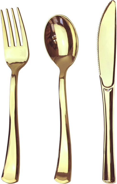 75 Piece Gold Plastic Silverware Set - Reusable & Recyclable - Gold Plastic Utensils for Weddings, Anniversaries,