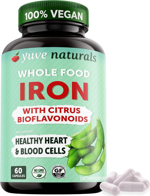 Yuve 100% Vegan Whole Food Iron Supplement 18mg – Non-Constipating, Gentle on Stomach, Energy Support, 60 Capsules