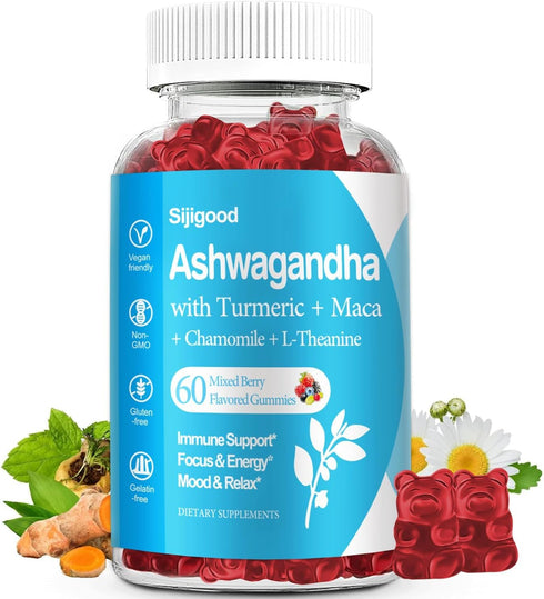 Ashwagandha Gummies with Maca Root and L-theanine, 2500mg Organic Ashwa Root Supplement Gummy for Men & Women, 60 Vegan