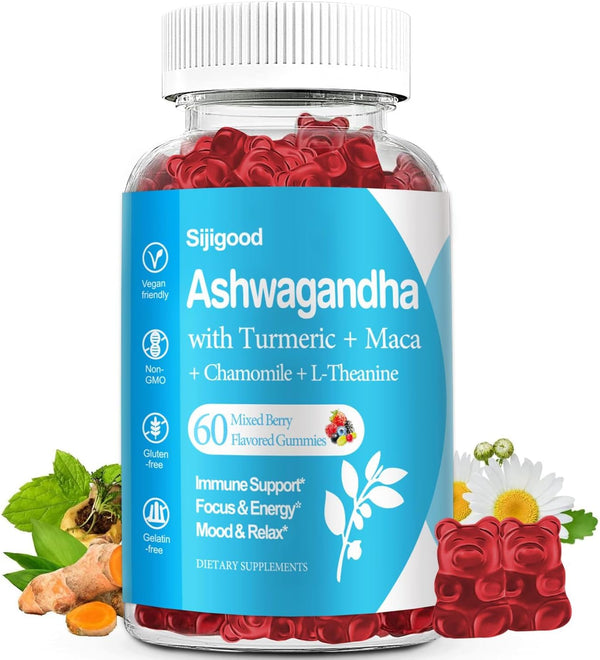 Ashwagandha Gummies with Maca Root and L-theanine, 2500mg Organic Ashwa Root Supplement Gummy for Men & Women, 60 Vegan