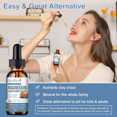 Magnesium Glycinate Liquid Drop, Triple Absorption Supplement, Sugar-Free, with Potassium, 1 Pack