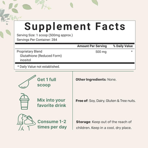 Glutathione Supplement, Pure Reduced Powder with Inositol, 5 Ounce (9 Months Supply), Vegan Antioxidants