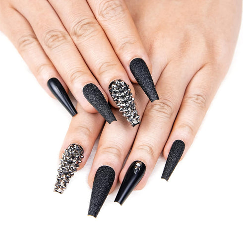 Kikmoya Extra Long Coffin Press on Nails, 24pcs Crystal Luxury Nails with Grey Black Rhinestones, Glossy Tips