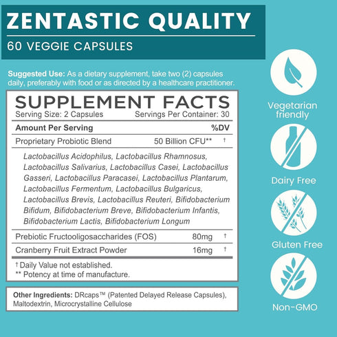 Zentastic Probiotics & Prebiotics Supplement - 50 Billion CFU for Immune & Digestive Health, 60 Veggie Capsules