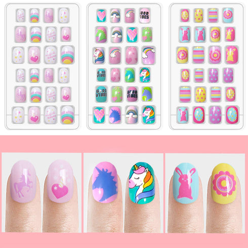 Laza 120pcs Children Nails Press On Pre-glue Full Cover Nail Tips Kit, Colorful Rainbow Short Artificial Nails