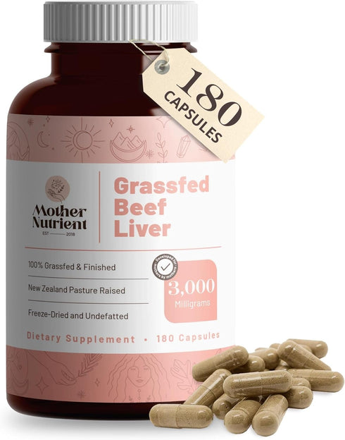 Mother Nutrient 100% Grass Fed Beef Liver Capsules, Sourced from Pasture-Raised Beef, 45-Day Supply - 180 Capsules