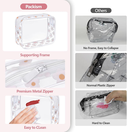 PACKISM TSA Approved Toiletry Bag - Clear Waterproof Makeup Bag, Travel Cosmetic Bag for Women, 3 Pack