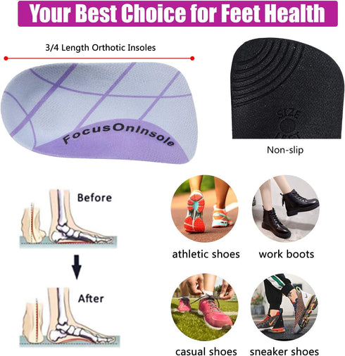 Plantar Fasciitis 3/4 Length Insoles, High Arch Supports Orthotic Shoe Inserts for Men/Women, Pain Relief