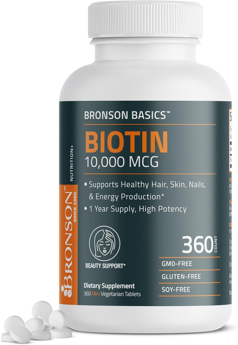 Bronson Biotin 10,000 MCG for Healthy Hair, Skin & Nails, High Potency Beauty Support - 360 Vegetarian Tablets