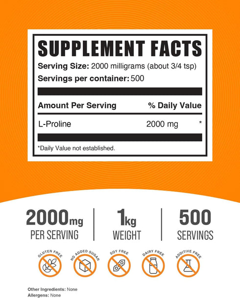 BulkSupplements.com L-Proline Powder - Amino Acid Supplement, Unflavored & Gluten Free, 2000mg per Serving, 1kg (Pack