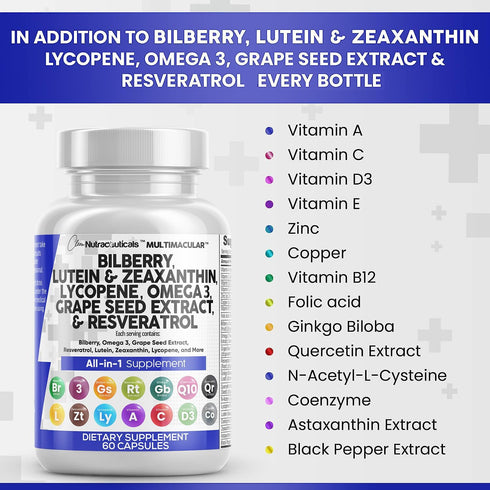 Eye Health Vitamins with Bilberry 6000mg, Lutein & Zeaxanthin 40mg, Omega 3 4000mg - 60 Capsules