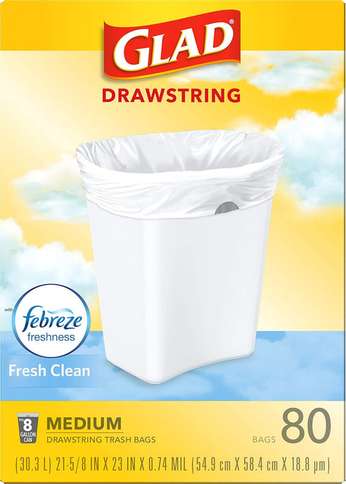 Glad 8 Gallon Medium Kitchen Drawstring Trash Bags, 80 Count White Mini Trash Bags, Fresh Clean Scent