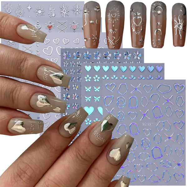 Silver Nail Art Stickers, Sun Moon Star Heart Line Flower Self-Adhesive 3D Nail Transfer Decals for Women
